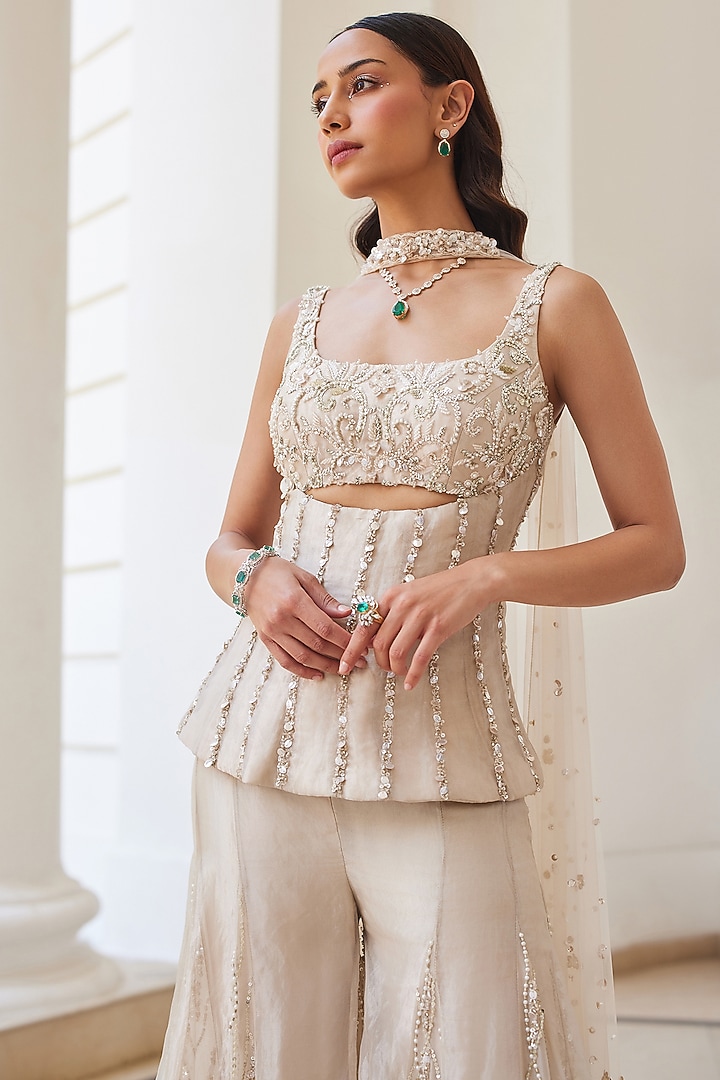 Ivory Gold Pure Silk Tissue Hand Embroidered Pant Set by Sanya Gulati at Pernia's Pop Up Shop