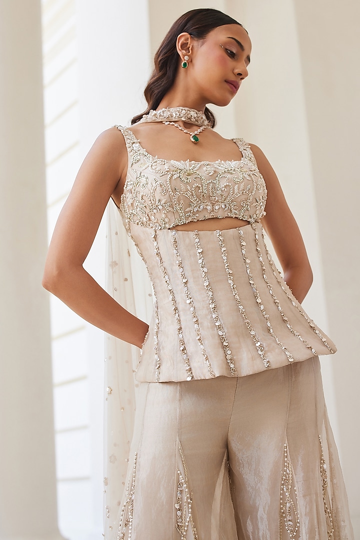 Ivory Gold Pure Silk Tissue Hand Embroidered Pant Set by Sanya Gulati at Pernia's Pop Up Shop