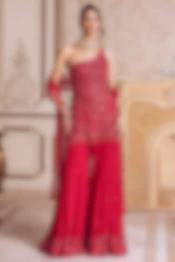 Magenta Pure Silk Organza Sequins Embroidered Kurta Set by Sanya Gulati at Pernia's Pop Up Shop