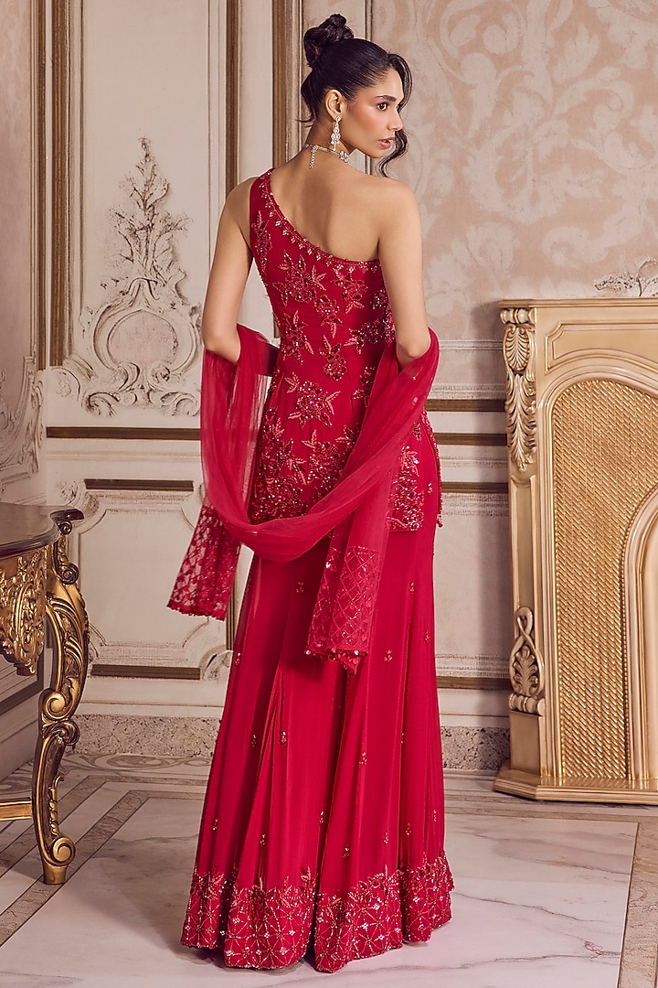 Magenta Pure Silk Organza Sequins Embroidered Kurta Set by Sanya Gulati at Pernia's Pop Up Shop