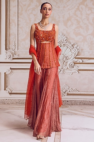 Rust Crushed Tissue Sharara Set by Sanya Gulati