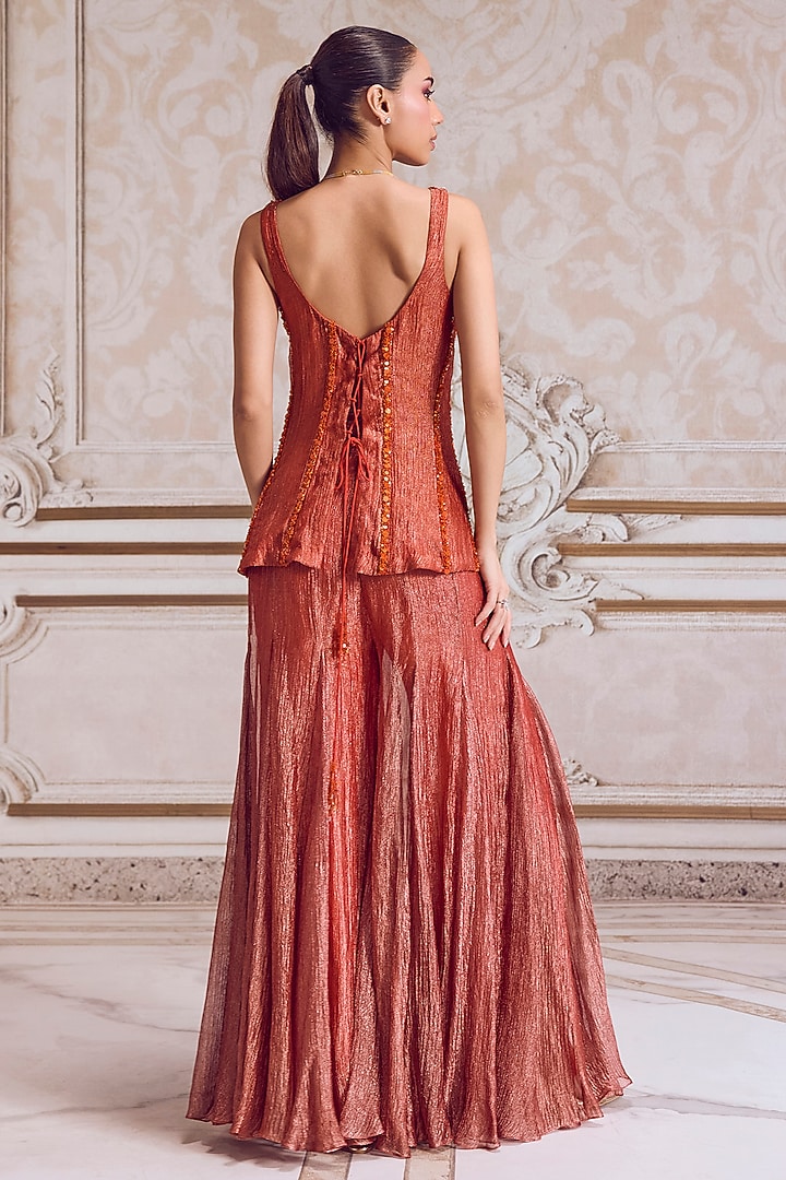 Rust Crushed Tissue Bridal Sharara Set by Sanya Gulati at Pernia's Pop Up Shop