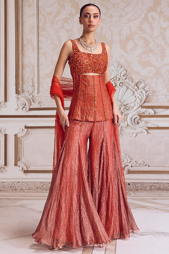 Rust Crushed Tissue Bridal Sharara Set by Sanya Gulati at Pernia's Pop Up Shop