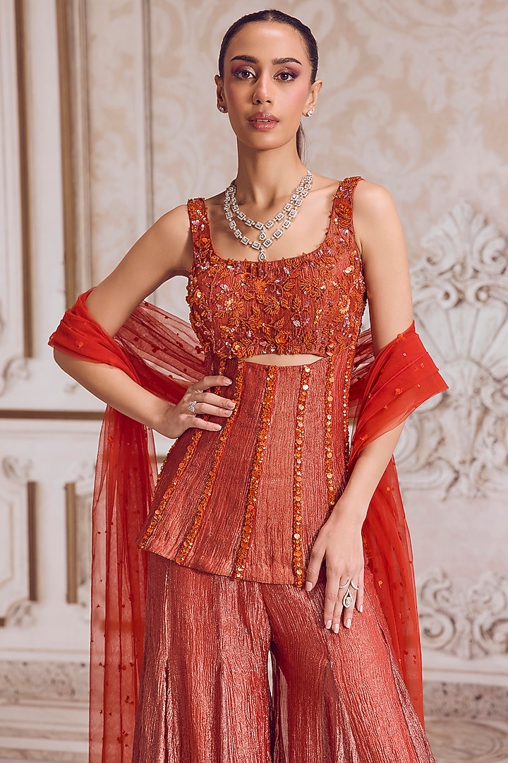 Rust Crushed Tissue Bridal Sharara Set by Sanya Gulati at Pernia's Pop Up Shop