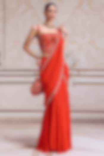 Rust Georgette Embroidered Pre-Draped Reception Saree Set by Sanya Gulati at Pernia's Pop Up Shop
