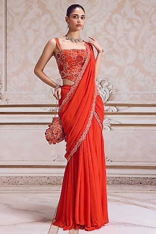 Rust Georgette Embroidered Pre-Draped Saree Set by Sanya Gulati