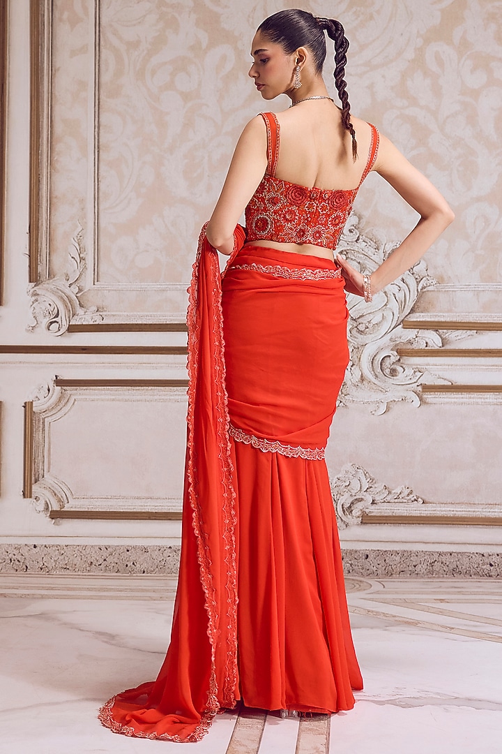 Rust Georgette Embroidered Pre-Draped Reception Saree Set by Sanya Gulati at Pernia's Pop Up Shop