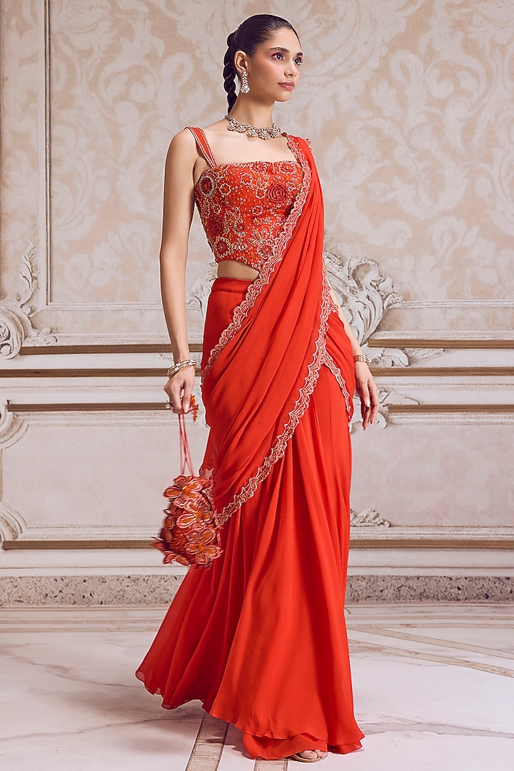 Rust Georgette Embroidered Pre-Draped Reception Saree Set by Sanya Gulati at Pernia's Pop Up Shop