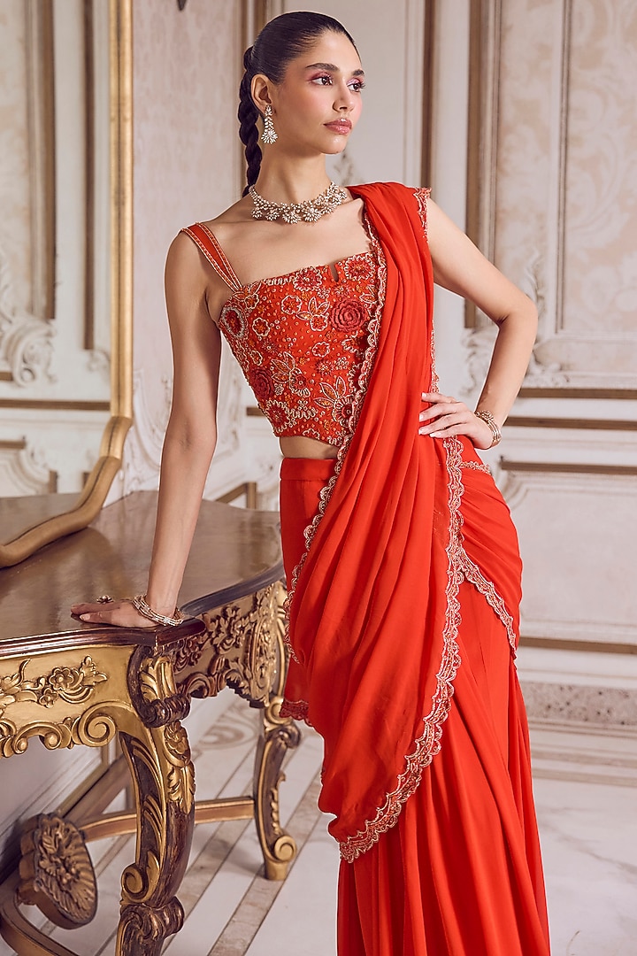 Rust Georgette Embroidered Pre-Draped Reception Saree Set by Sanya Gulati at Pernia's Pop Up Shop