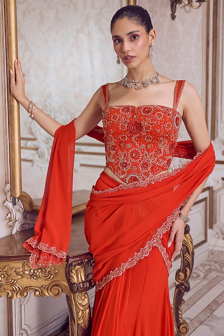 Rust Georgette Embroidered Pre-Draped Reception Saree Set by Sanya Gulati at Pernia's Pop Up Shop