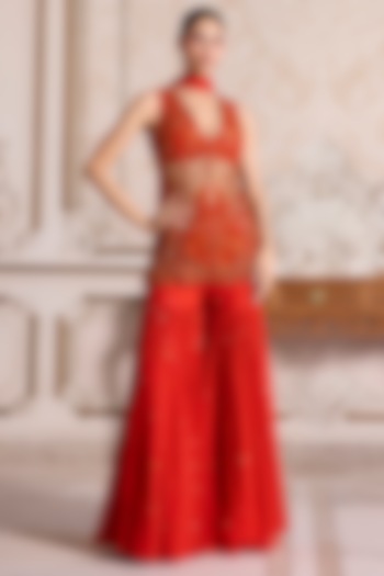 Rust Georgette Chitta Work Bridal Sharara Set by Sanya Gulati at Pernia's Pop Up Shop
