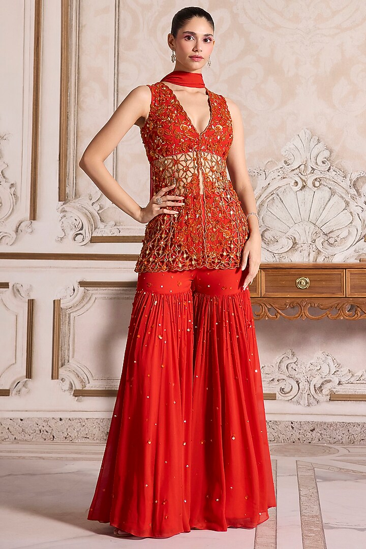 Rust Georgette Chitta Work Bridal Sharara Set by Sanya Gulati at Pernia's Pop Up Shop