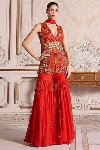Rust Georgette Chitta Work Sharara Set by Sanya Gulati