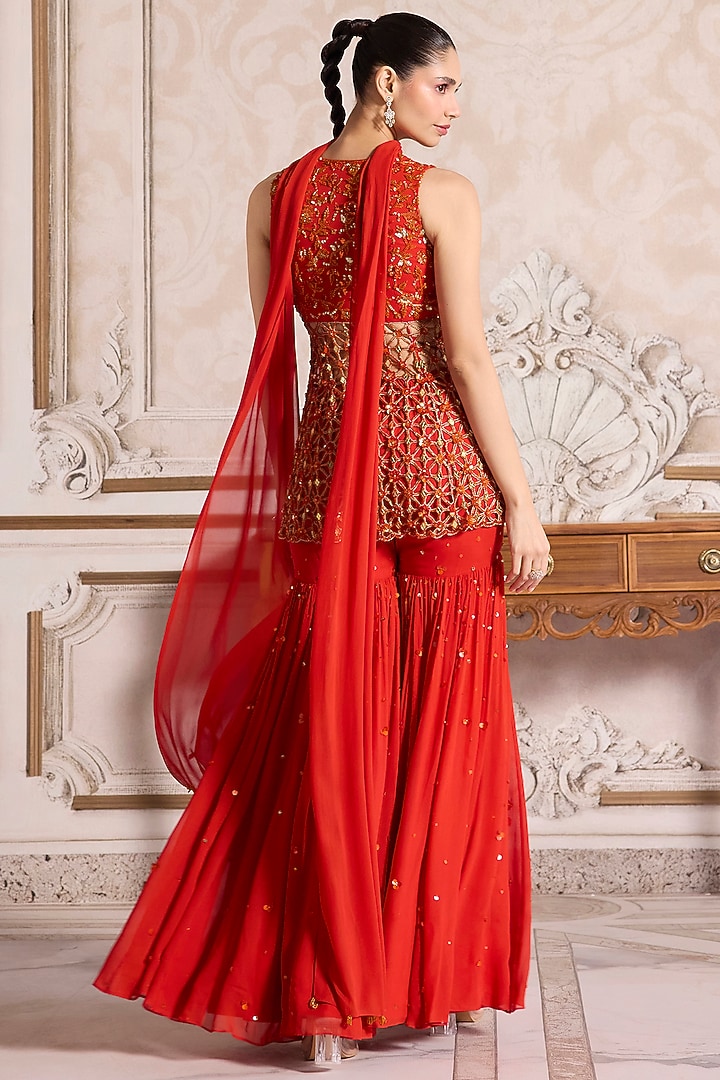 Rust Georgette Chitta Work Bridal Sharara Set by Sanya Gulati at Pernia's Pop Up Shop