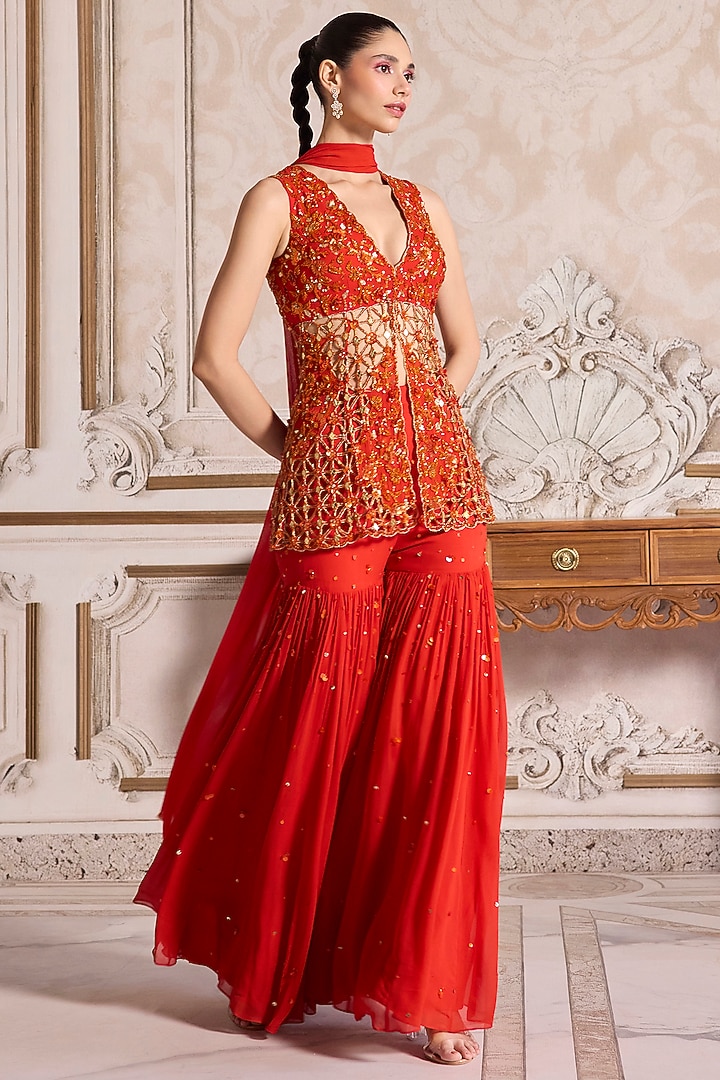 Rust Georgette Chitta Work Bridal Sharara Set by Sanya Gulati at Pernia's Pop Up Shop