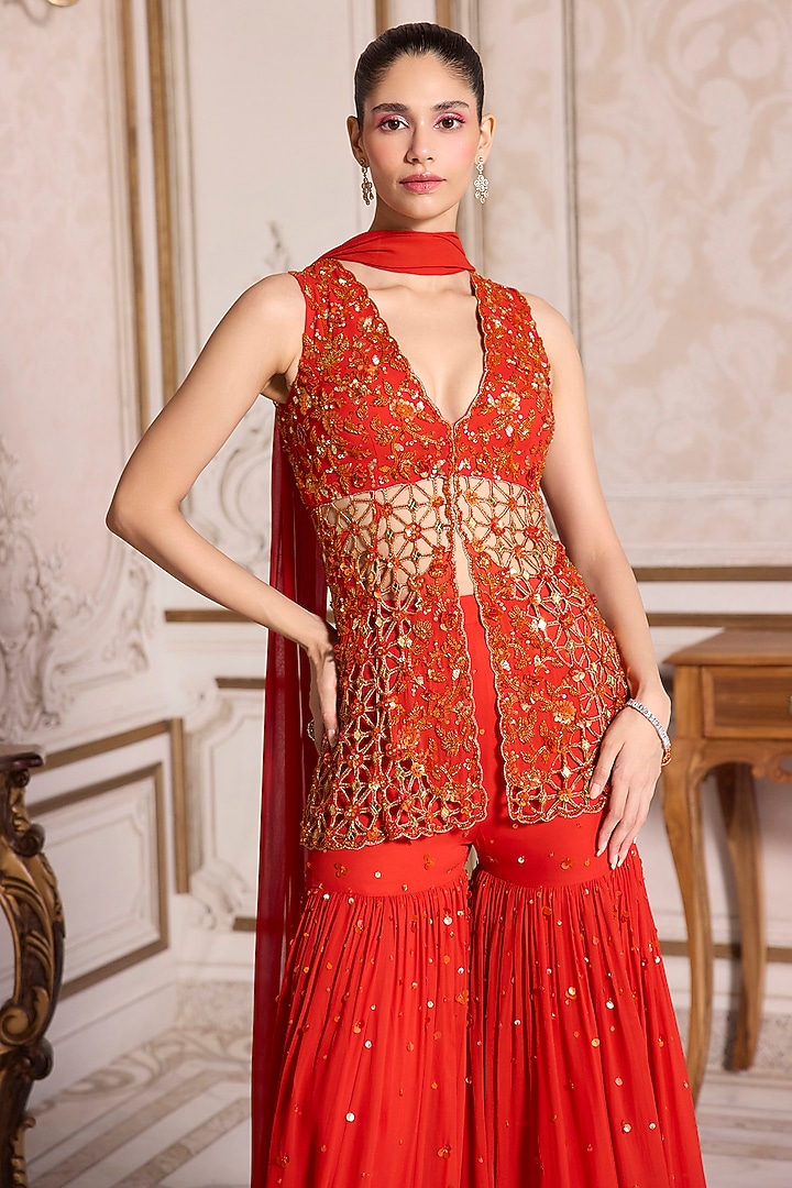 Rust Georgette Chitta Work Bridal Sharara Set by Sanya Gulati at Pernia's Pop Up Shop