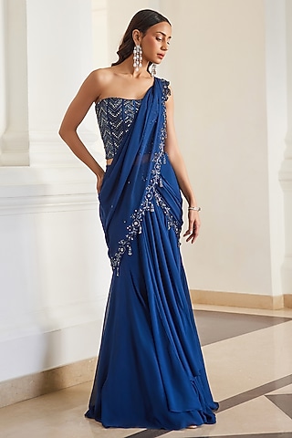 Teal Blue Georgette Hand Embroidered Pre-Draped Saree Set by Sanya Gulati