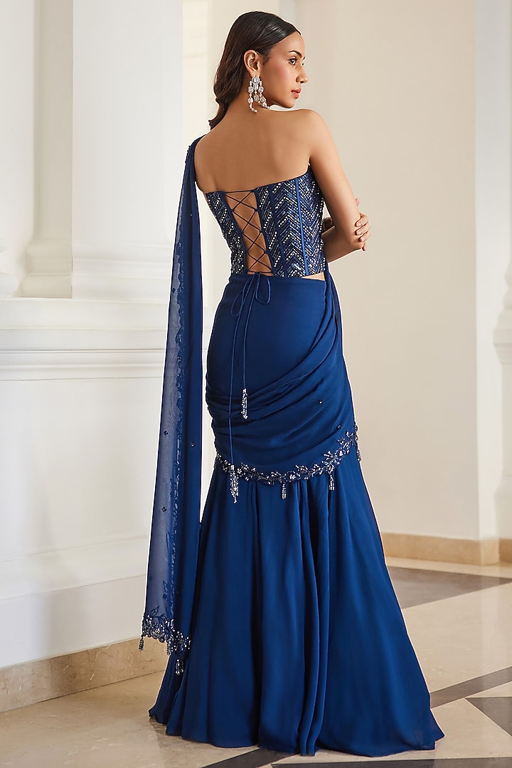 Teal Blue Georgette Hand Embroidered Pre-Draped Wedding Saree Set by Sanya Gulati at Pernia's Pop Up Shop