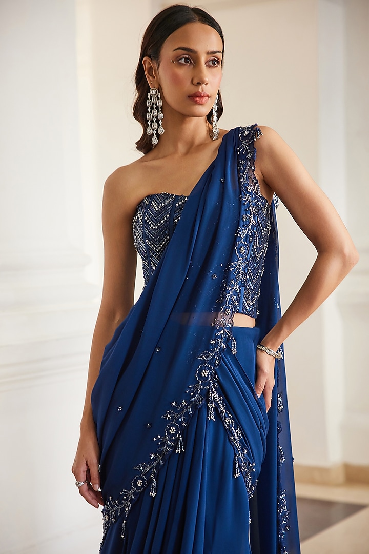 Teal Blue Georgette Hand Embroidered Pre-Draped Wedding Saree Set by Sanya Gulati at Pernia's Pop Up Shop