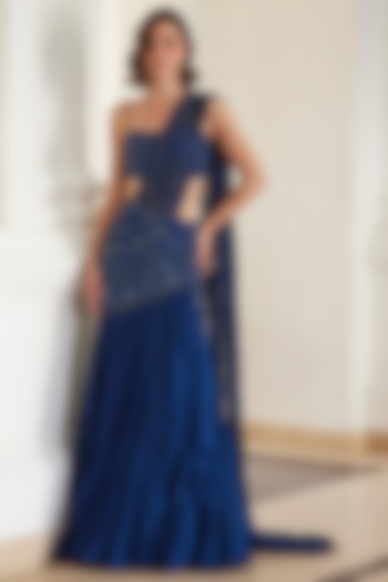 Teal Blue Georgette Hand Embroidered Pre-Draped Reception Saree Set by Sanya Gulati at Pernia's Pop Up Shop