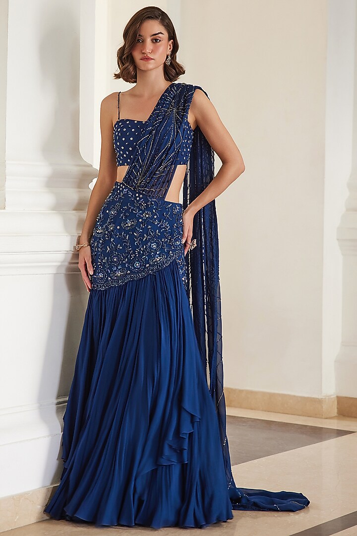 Teal Blue Georgette Hand Embroidered Pre-Draped Reception Saree Set by Sanya Gulati at Pernia's Pop Up Shop