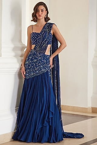 Teal Blue Georgette Hand Embroidered Pre-Draped Saree Set by Sanya Gulati
