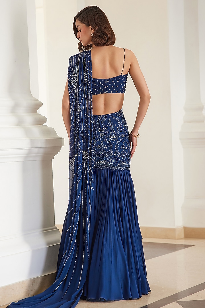 Teal Blue Georgette Hand Embroidered Pre-Draped Reception Saree Set by Sanya Gulati at Pernia's Pop Up Shop