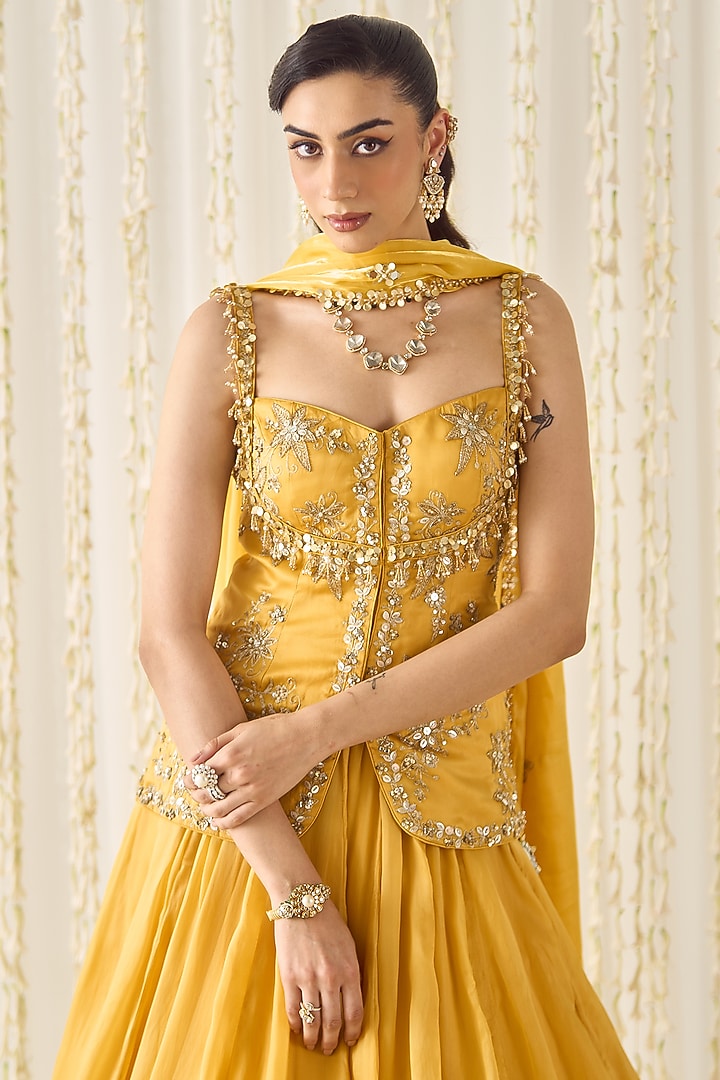 Mustard-Gold Organza Cutdana Embroidered Wedding Lehenga Set by Sanya Gulati at Pernia's Pop Up Shop