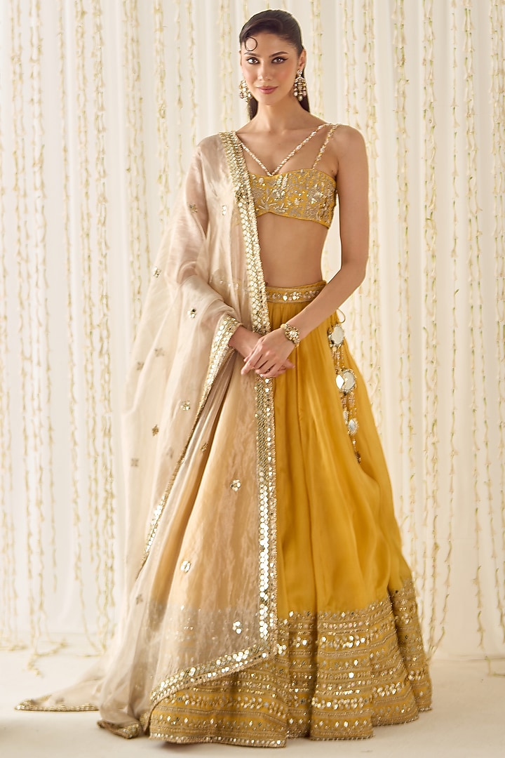 Mustard-Gold Organza Cutdana Embroidered Wedding Lehenga Set by Sanya Gulati at Pernia's Pop Up Shop