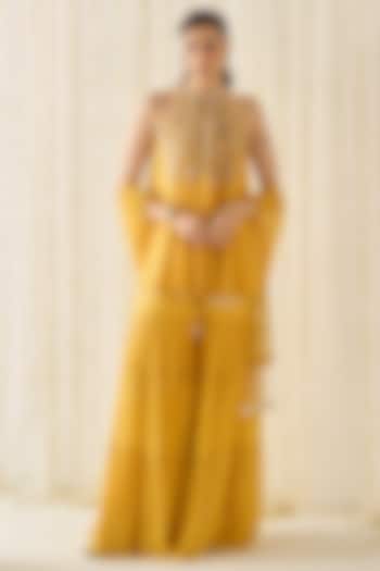 Mustard-Yellow Georgette Tiered Wedding Sharara Set by Sanya Gulati at Pernia's Pop Up Shop