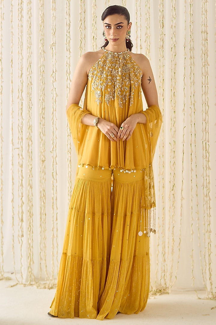 Mustard-Yellow Georgette Tiered Wedding Sharara Set by Sanya Gulati at Pernia's Pop Up Shop