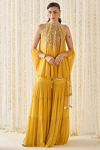 Mustard-Yellow Georgette Tiered Sharara Set by Sanya Gulati