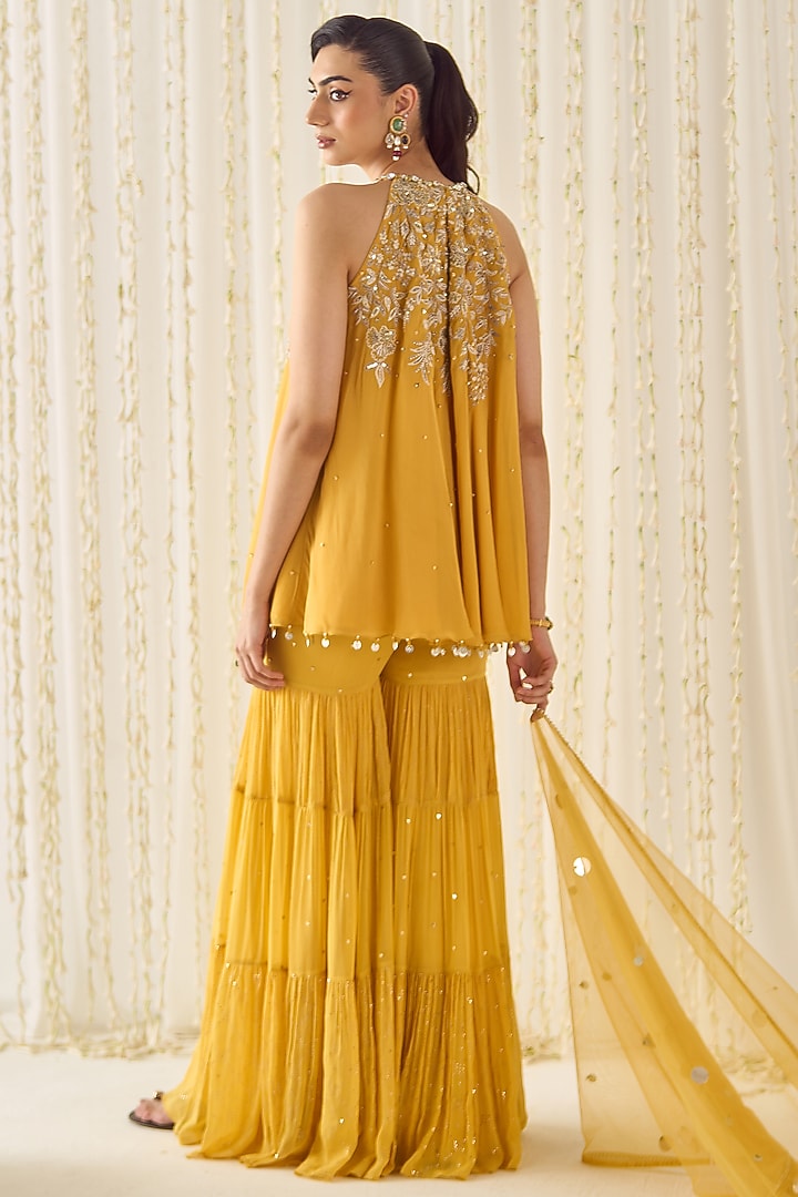 Mustard-Yellow Georgette Tiered Wedding Sharara Set by Sanya Gulati at Pernia's Pop Up Shop