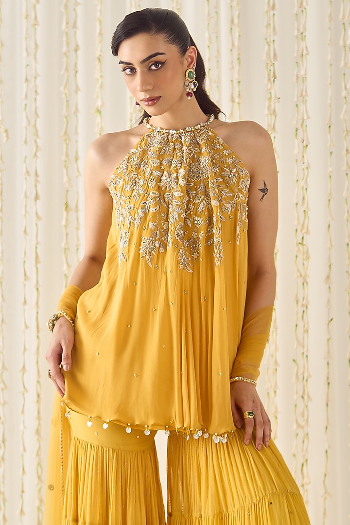Mustard-Yellow Georgette Tiered Wedding Sharara Set by Sanya Gulati at Pernia's Pop Up Shop
