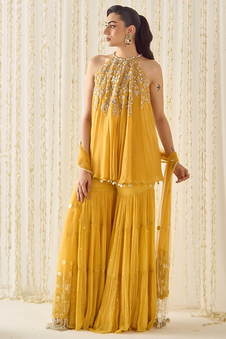 Mustard-Yellow Georgette Tiered Wedding Sharara Set by Sanya Gulati at Pernia's Pop Up Shop