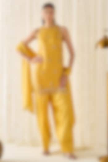 Mustard-Yellow Organza & Satin Sequin Embellished Kurta Set Set by Sanya Gulati at Pernia's Pop Up Shop