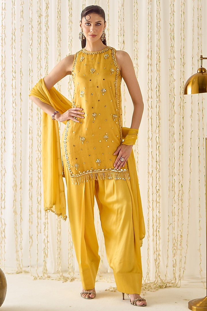 Mustard-Yellow Organza & Satin Sequin Embellished Kurta Set Set by Sanya Gulati at Pernia's Pop Up Shop