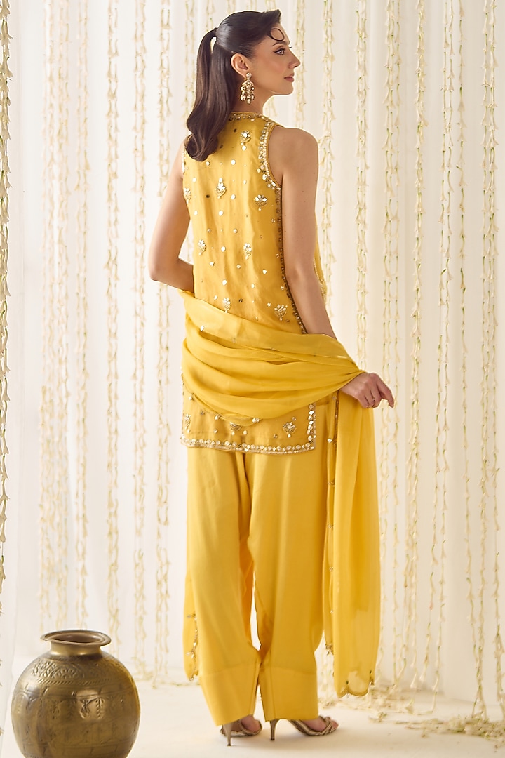 Mustard-Yellow Organza & Satin Sequin Embellished Kurta Set Set by Sanya Gulati at Pernia's Pop Up Shop