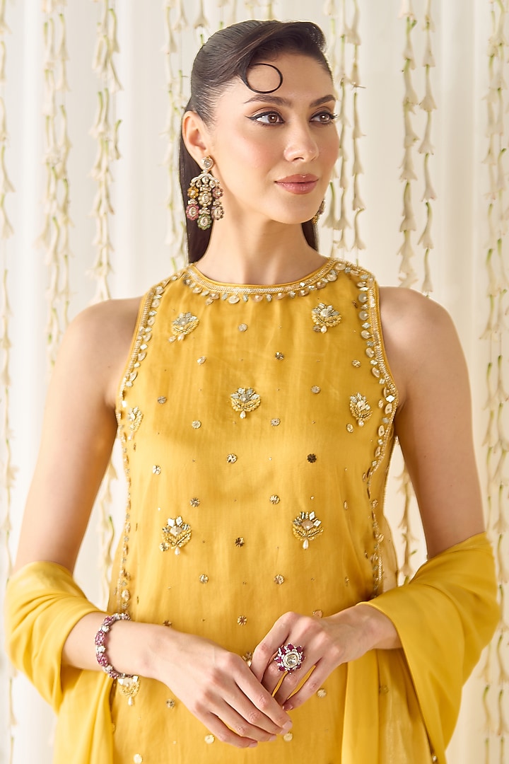 Mustard-Yellow Organza & Satin Sequin Embellished Kurta Set Set by Sanya Gulati at Pernia's Pop Up Shop