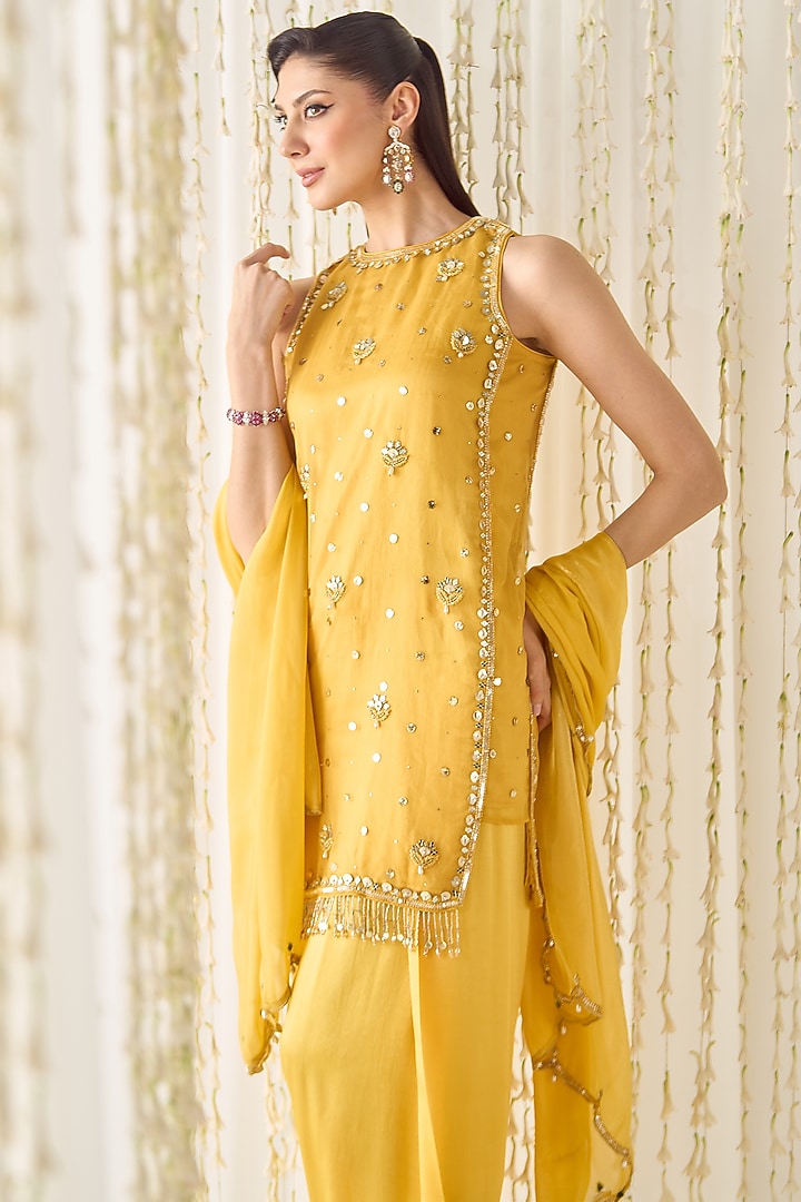 Mustard-Yellow Organza & Satin Sequin Embellished Kurta Set Set by Sanya Gulati at Pernia's Pop Up Shop