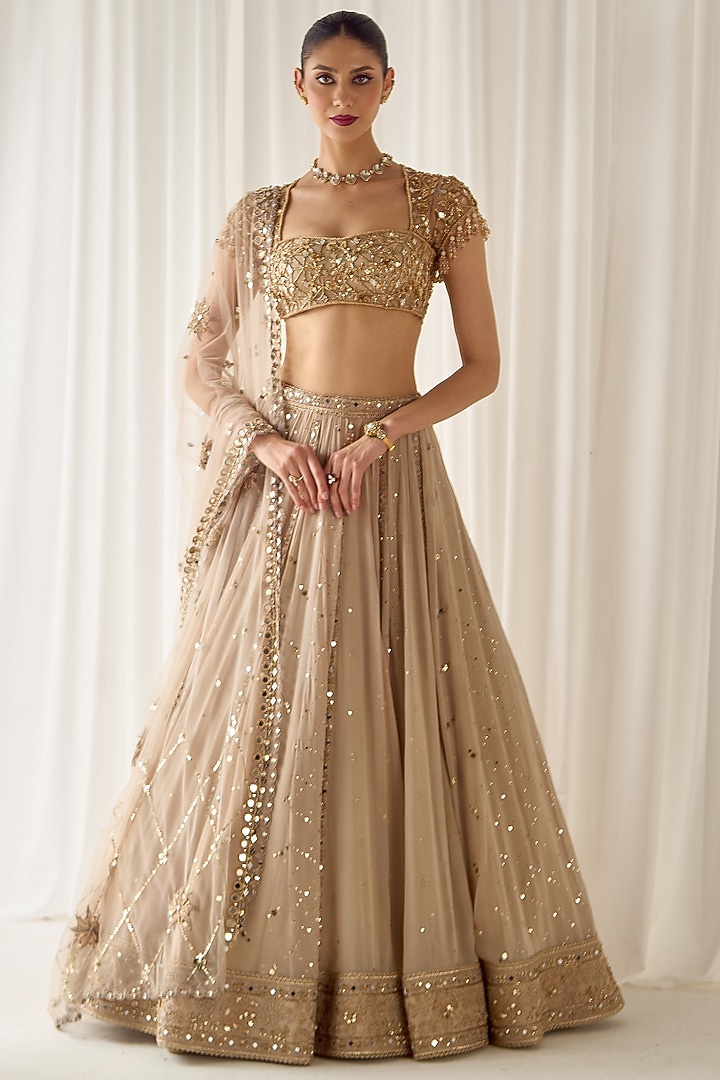 Beige Georgette & Net Cutdana Embroidered Wedding Lehenga Set by Sanya Gulati at Pernia's Pop Up Shop