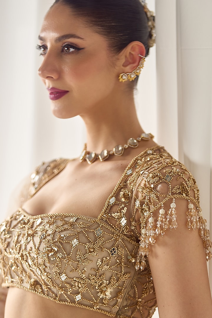 Beige Georgette & Net Cutdana Embroidered Wedding Lehenga Set by Sanya Gulati at Pernia's Pop Up Shop