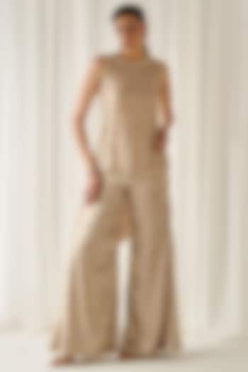 Beige Mukaish Organza & Shimmer Embellished Co-Ord Set by Sanya Gulati at Pernia's Pop Up Shop