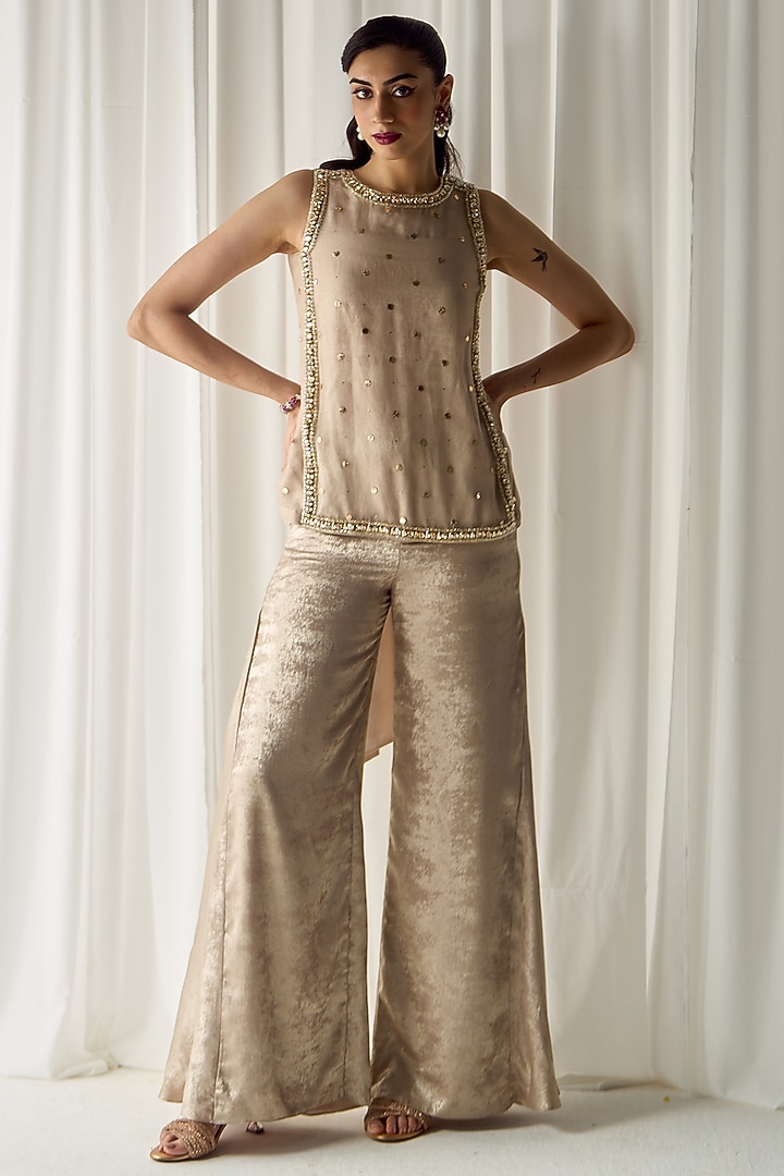 Beige Mukaish Organza & Shimmer Embellished Co-Ord Set by Sanya Gulati at Pernia's Pop Up Shop