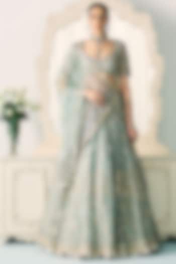 Soft Pastel Aqua Green Tissue Cutdana Embroidered Bridal Lehenga Set by Sanya Gulati at Pernia's Pop Up Shop