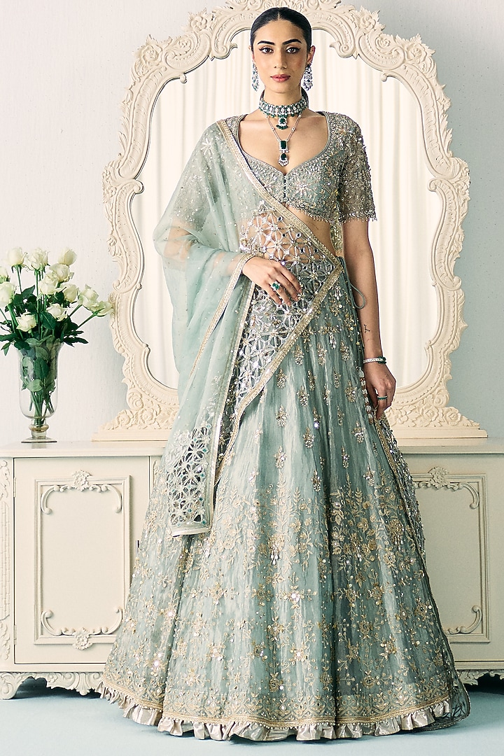 Soft Pastel Aqua Green Tissue Cutdana Embroidered Bridal Lehenga Set by Sanya Gulati at Pernia's Pop Up Shop