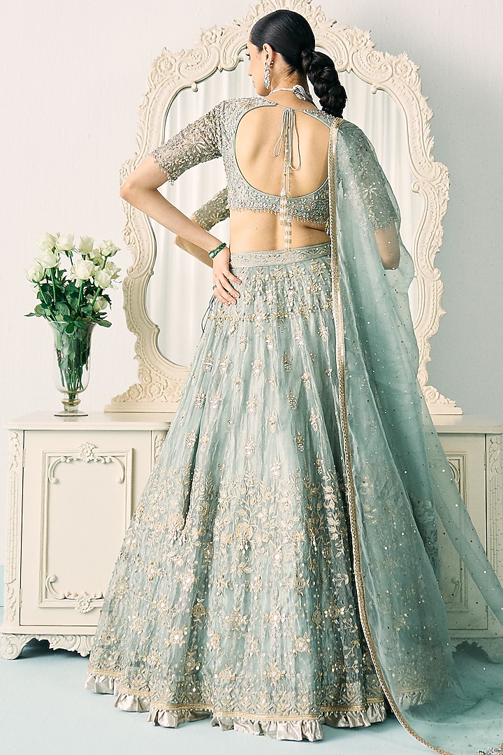 Soft Pastel Aqua Green Tissue Cutdana Embroidered Bridal Lehenga Set by Sanya Gulati at Pernia's Pop Up Shop