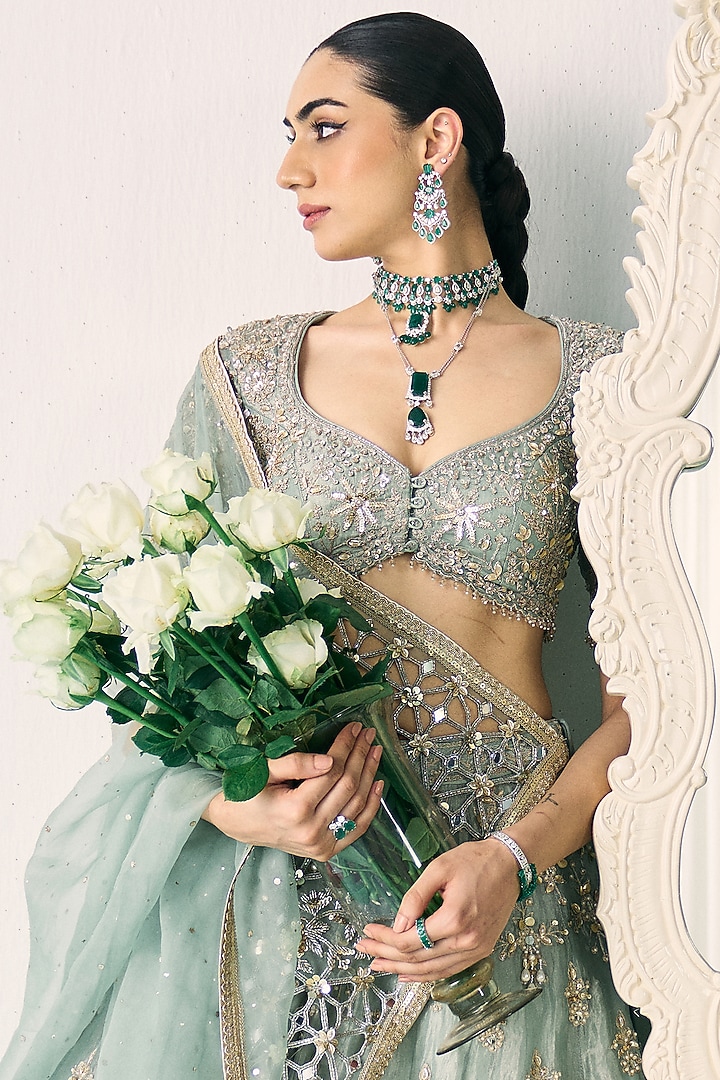 Soft Pastel Aqua Green Tissue Cutdana Embroidered Bridal Lehenga Set by Sanya Gulati at Pernia's Pop Up Shop