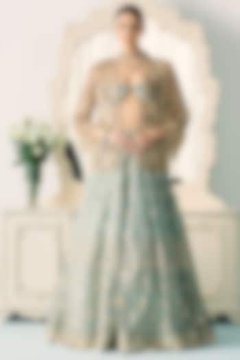 Aqua Green Tissue & Net Cutdana Embroidered Jacket Bridal Lehenga Set by Sanya Gulati at Pernia's Pop Up Shop