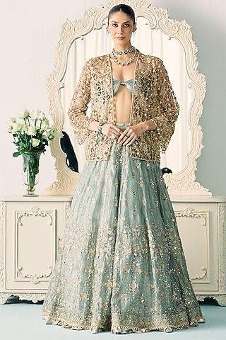 Aqua Green Tissue & Net Cutdana Embroidered Jacket Lehenga Set by Sanya Gulati